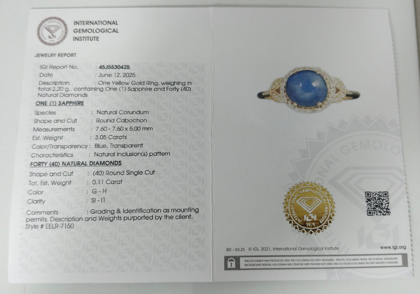 3.16 Ct Round Cabochon Natural Corundum Sapphire 14K Gold Ring