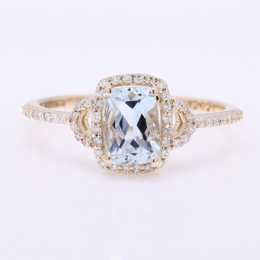1.09 Ct Cushion Mixed Cut Natural Aquamarine 14K Gold Ring