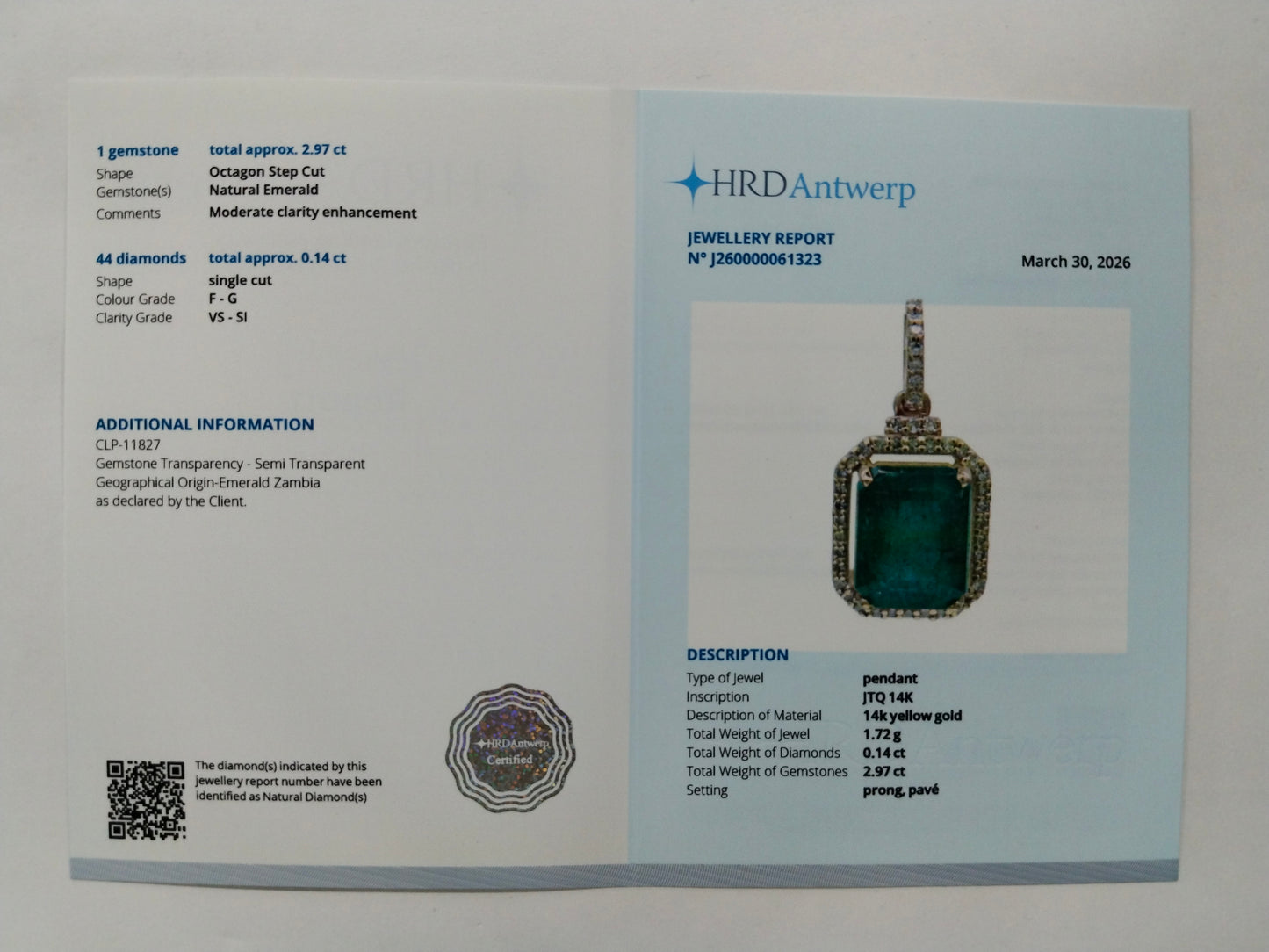 3.11 Ct Octagon Step Cut Natural Emerald 14K Gold Pendant