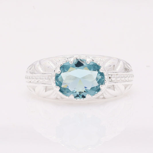 1.91 Ct Oval Created Aquamarine 925 Silver Ring