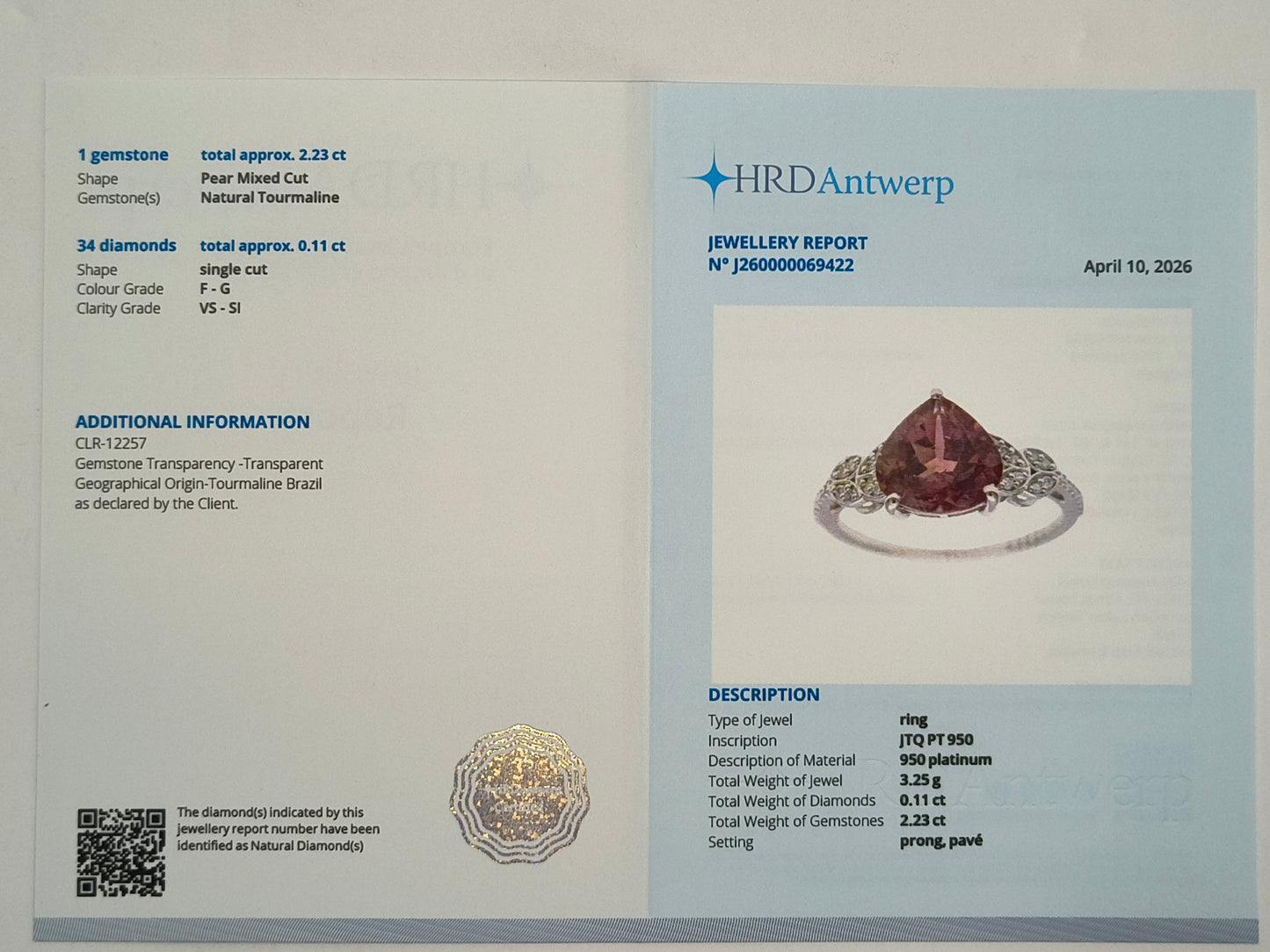 2.34 Ct Pear Mixed Cut Natural Tourmaline 950 Platinum Ring