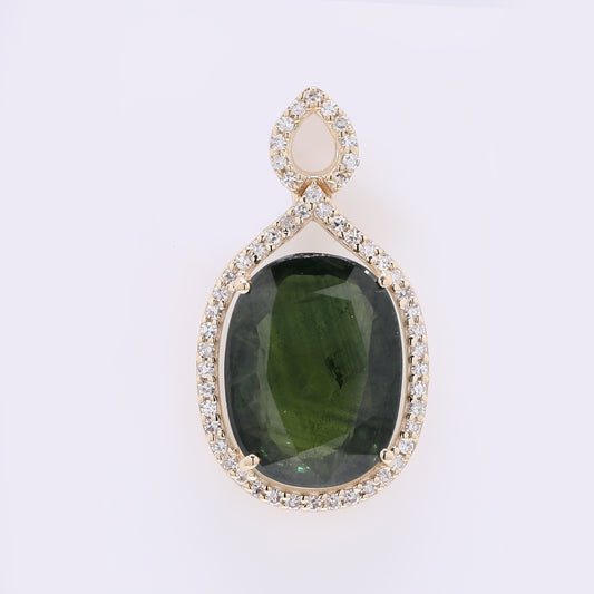 5.54 Ct Oval Mixed Cut Natural Green Sapphire 14K Gold Pendant