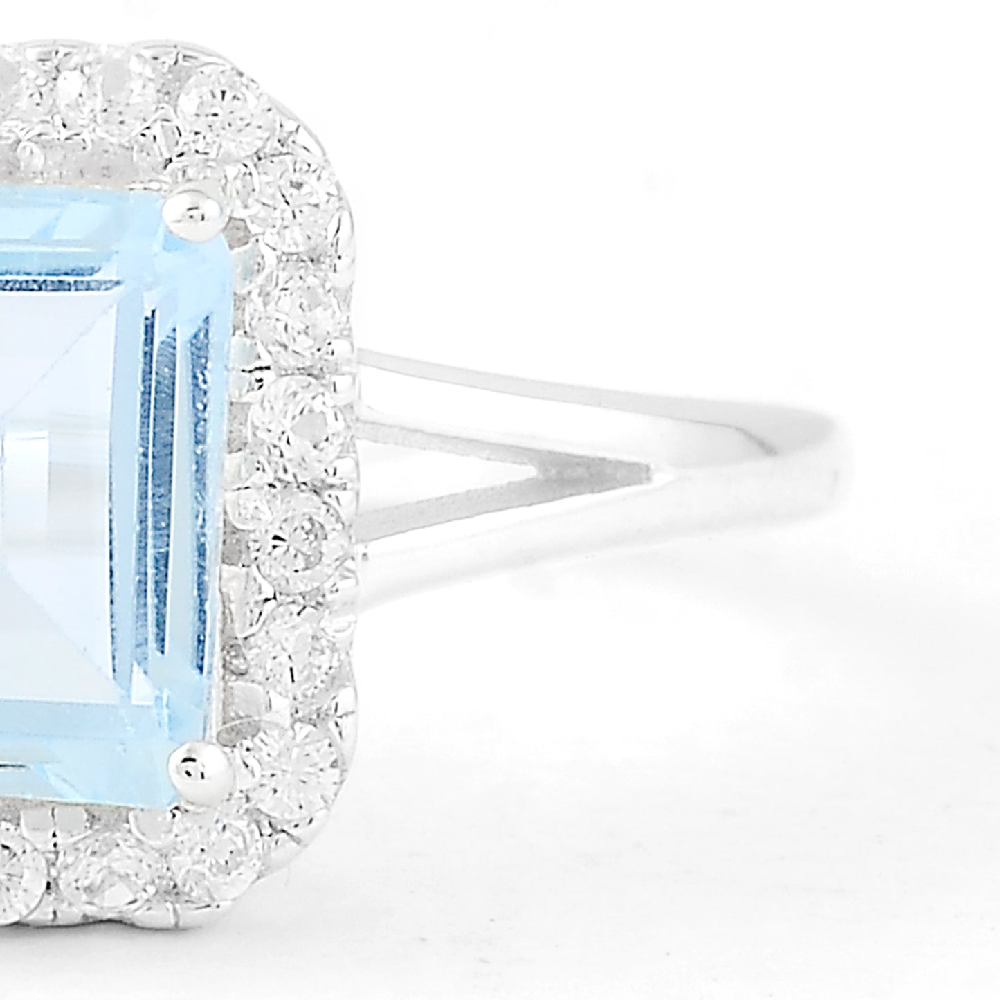 1.52 Ct Octagon Blue Topaz, White Zircon, 925 Sterling Silver Ring
