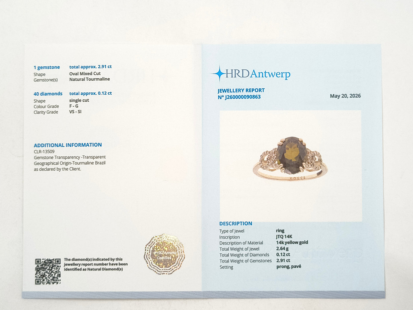 3.03 Ct Oval Tourmaline 14K Gold Ring