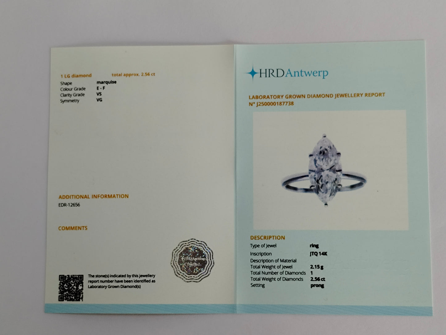 2.56 Carats Lab Grown Diamond 14K Gold Ring