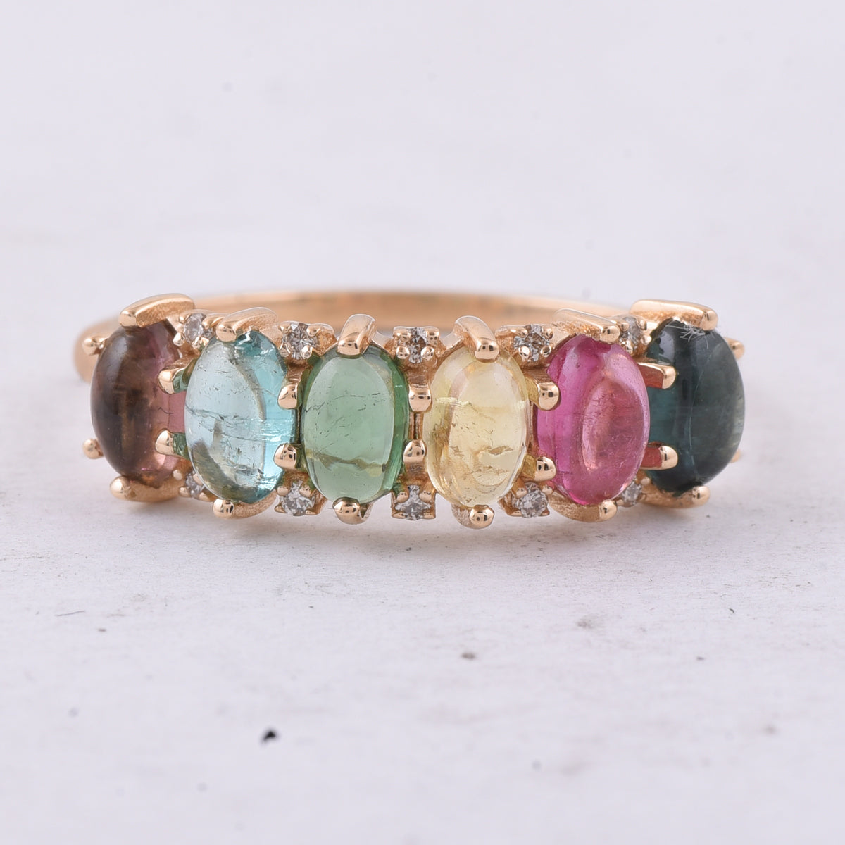 1.80 Ct Oval Cabochon Cut Natural Multi-Coloured Tourmaline 14K Gold Ring