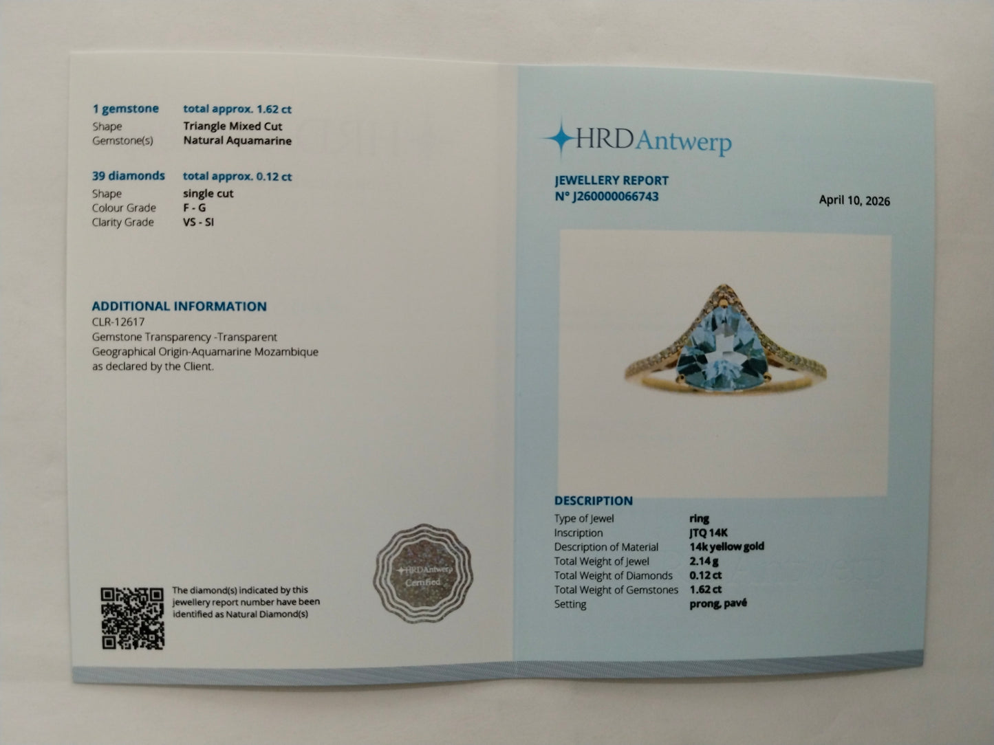 1.74 Ct Triangle Mixed Cut Natural Aquamarine 14K Gold Ring