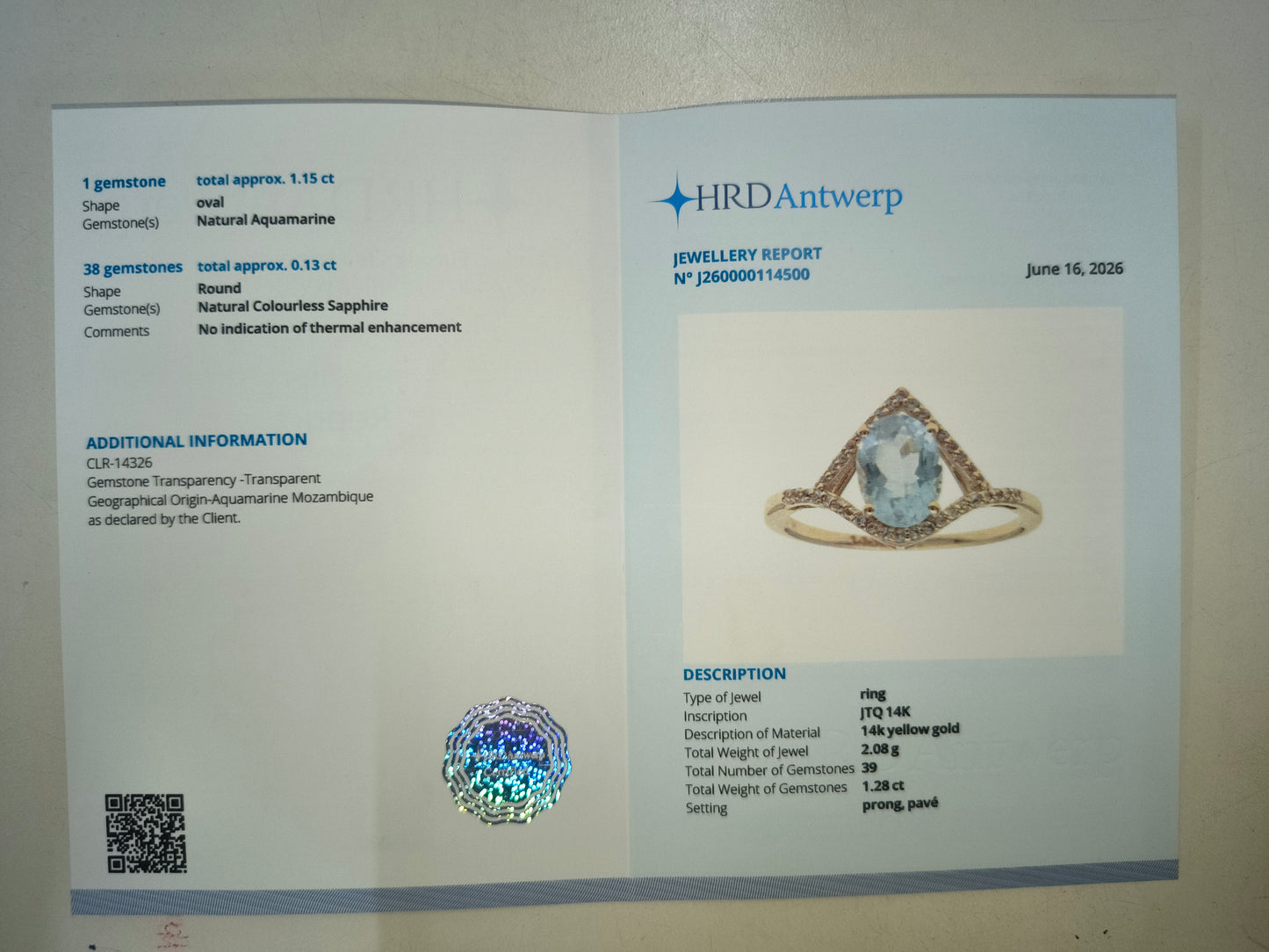 1.28 Ct Oval Natural Aquamarine 14K Gold Ring