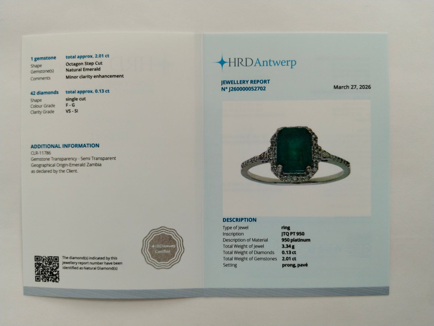 2.14 Ct Octagon Step Cut Natural Emerald 950 Platinum Ring