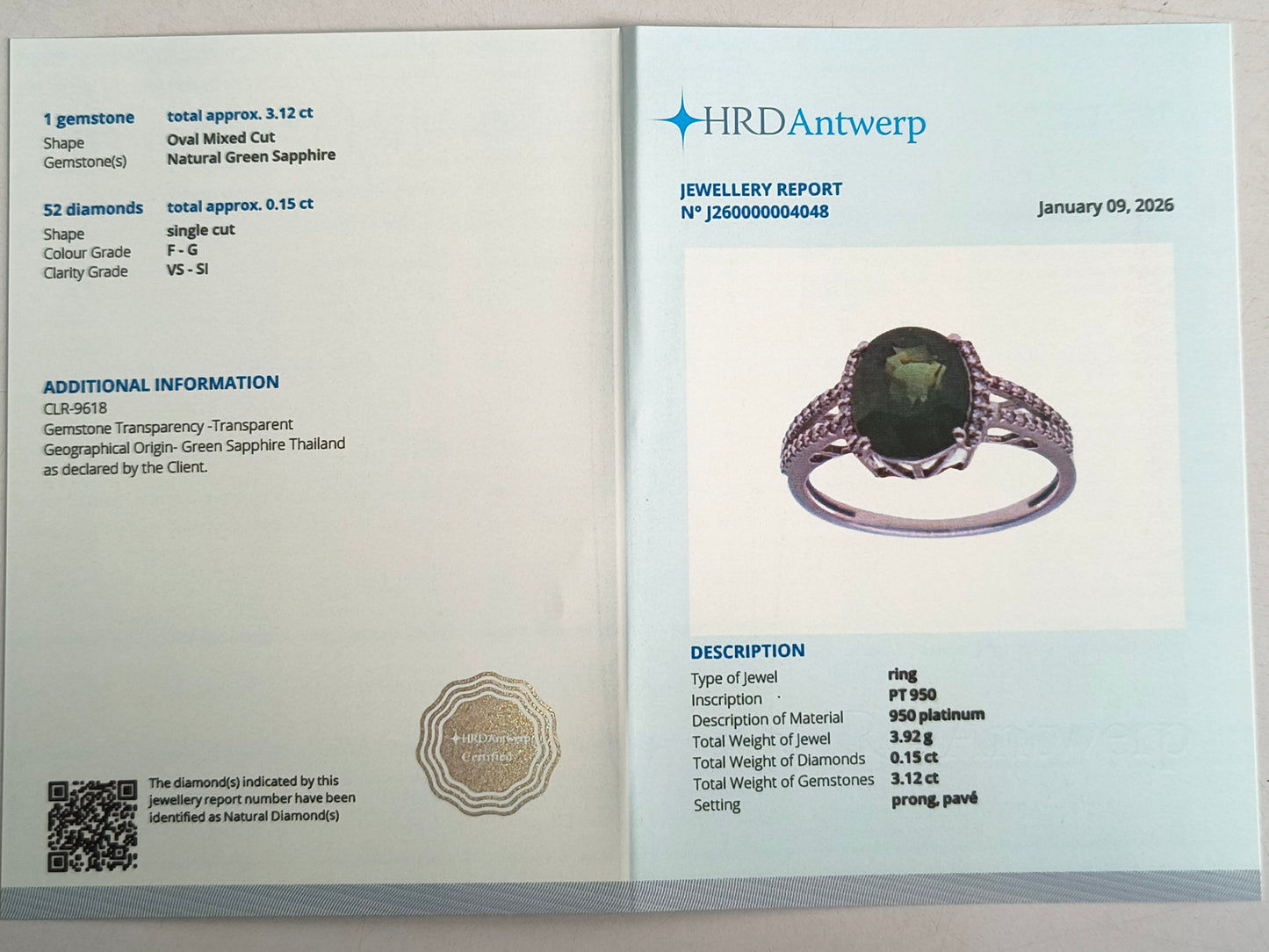 3.27 Ct Oval Mixed Cut Natural Green Sapphire 950 Platinum Ring