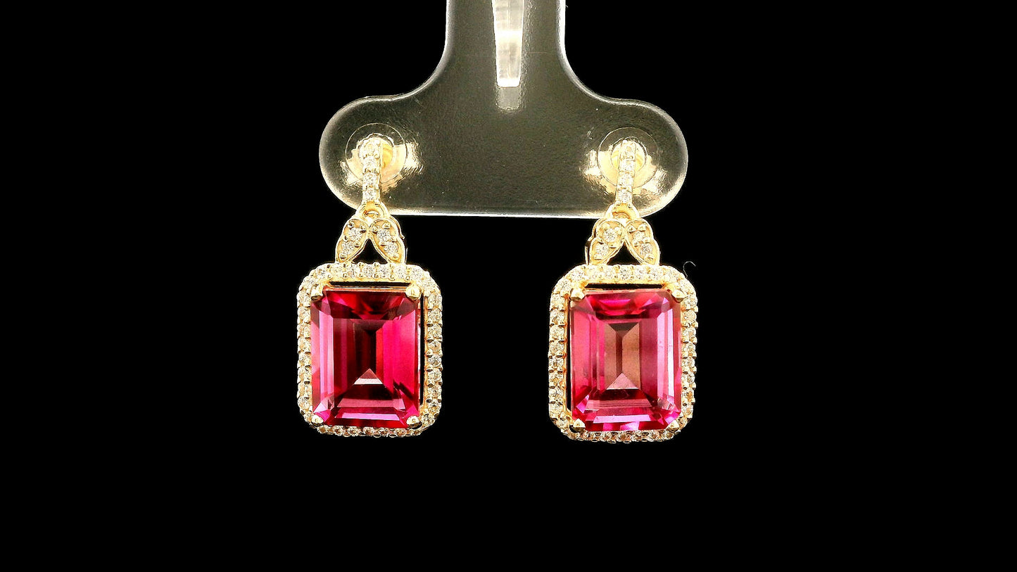 6.76 Ct Octagon Pink Topaz 9K Gold Earrings