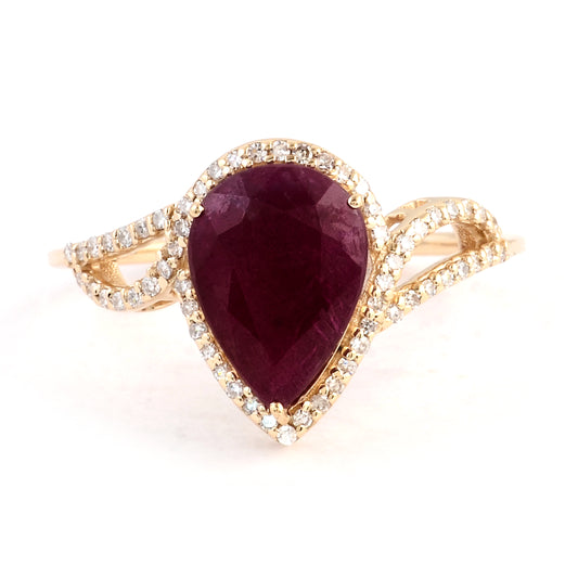 2.80 Ct Pear Mixed Cut Natural Corundum Ruby 14K Gold Ring