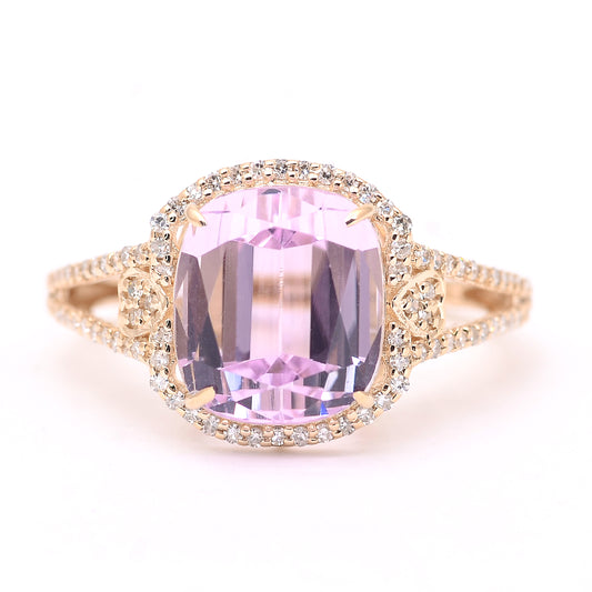 6.90 Ct Cushion Mixed Cut Natural Kunzite 14K Gold Ring