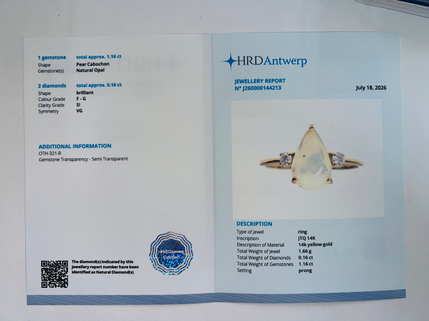 1.32 Ct Pear Cabochon Natural Opal 14K Gold Ring
