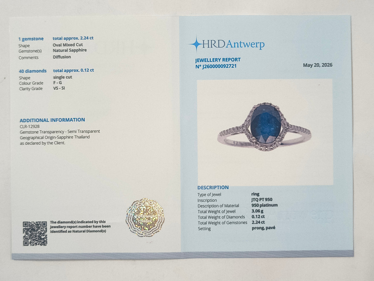 2.36 Ct Oval Sapphire 950 Platinum Ring