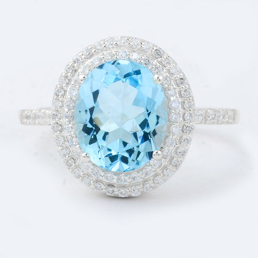 5.08 Ct Oval Blue Topaz, Cubic Zirconia 925 Sterling Silver Ring