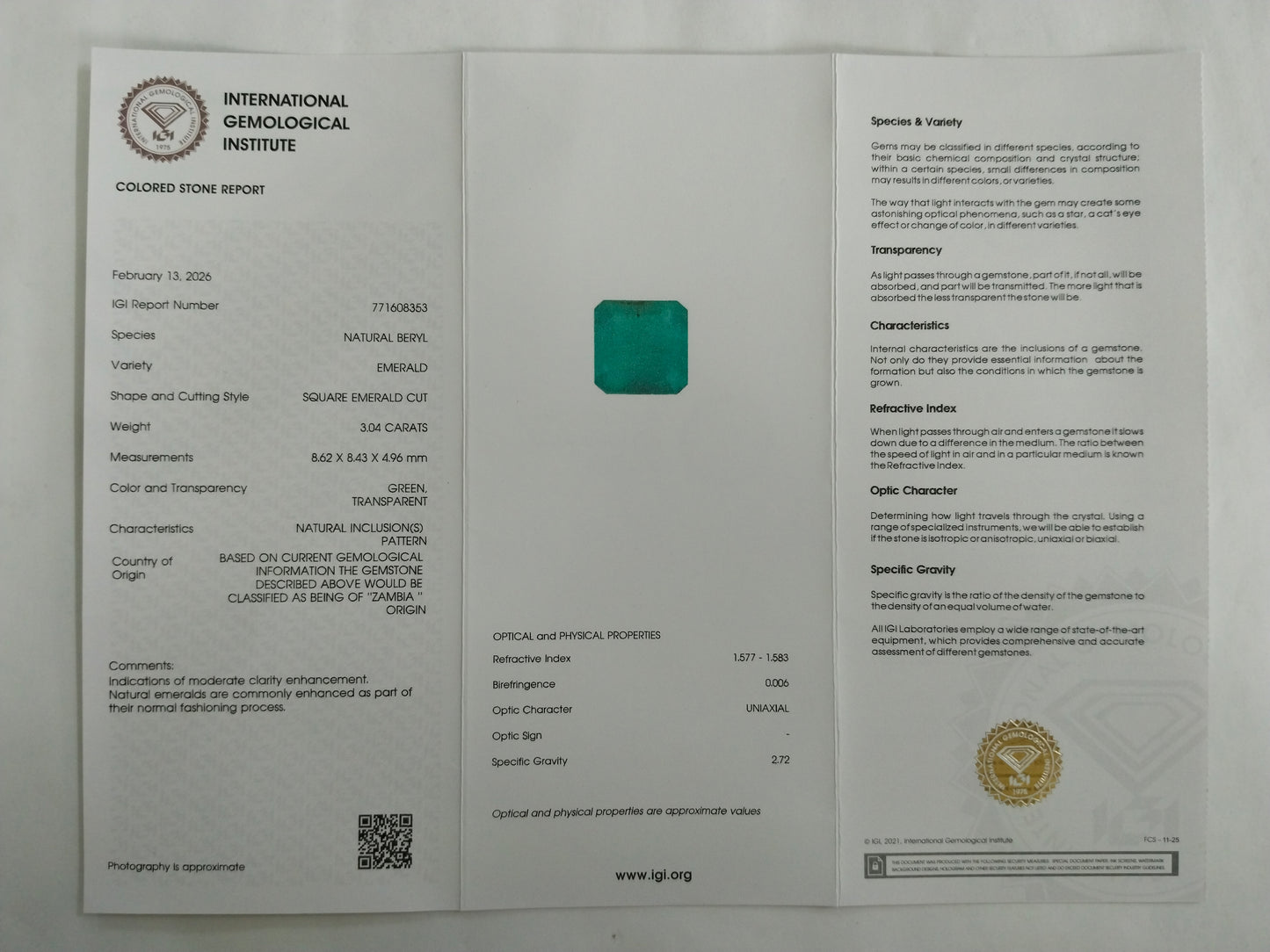 3.04 Natural Beryl Emerald Square Emerald Cut Gemstone