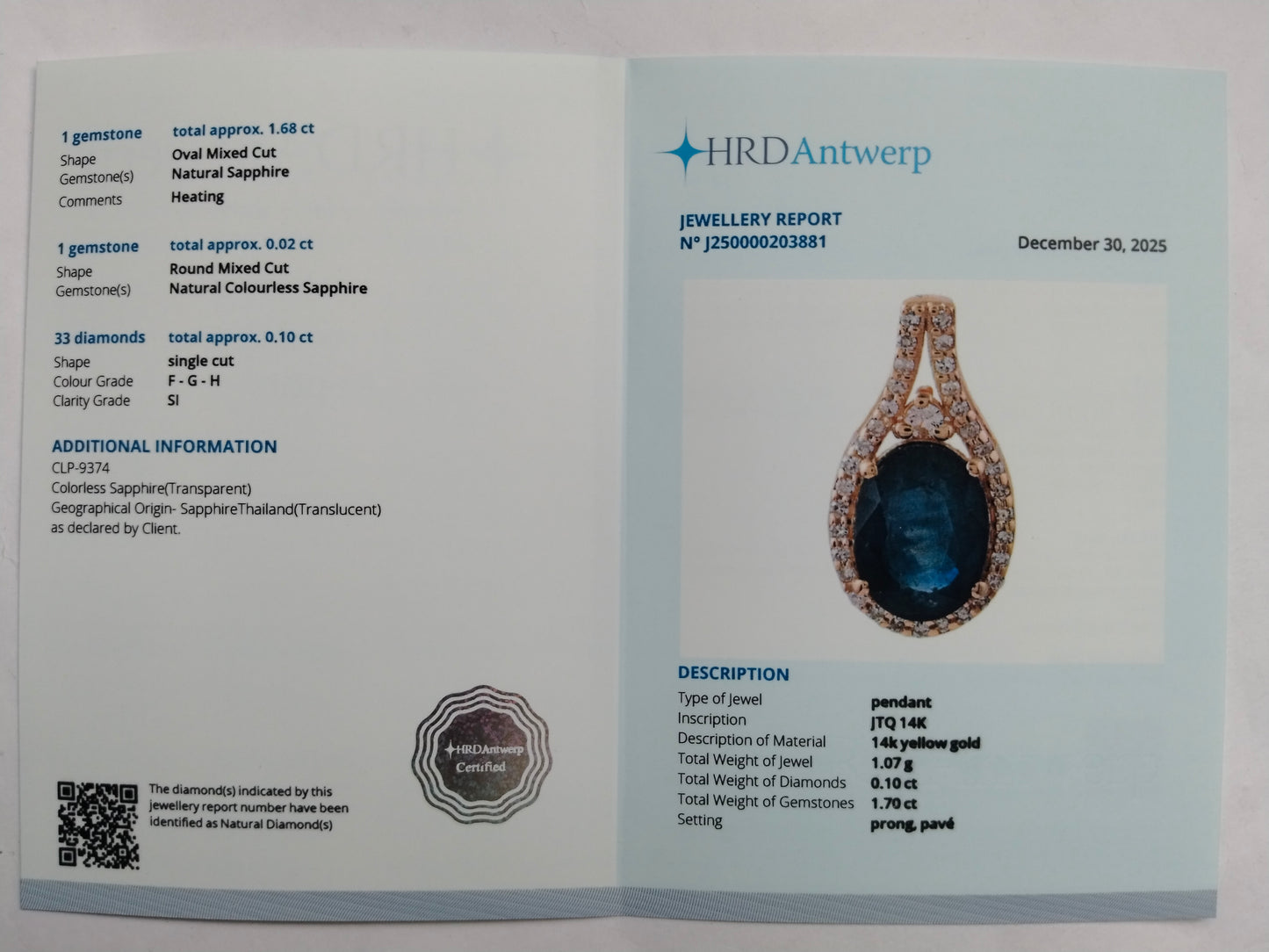 1.80 Ct Oval Mixed Cut Natural Sapphire 14K Gold Pendant