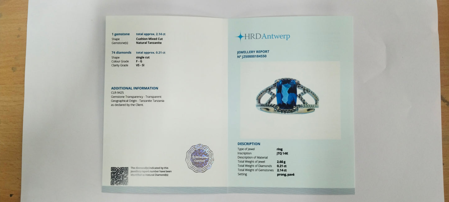 2.35 Ct Cushion Mixed Cut Natural Tanzanite 14K Gold Ring