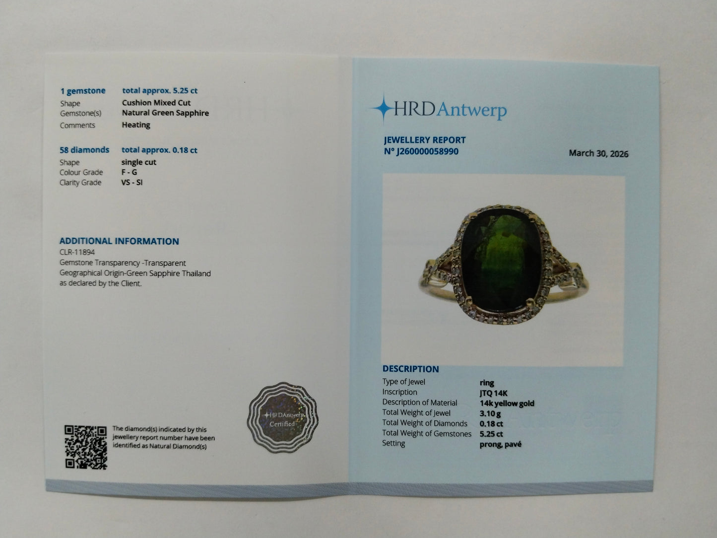 5.43 Ct Cushion Mixed Cut Natural Green Sapphire 14K Gold Ring