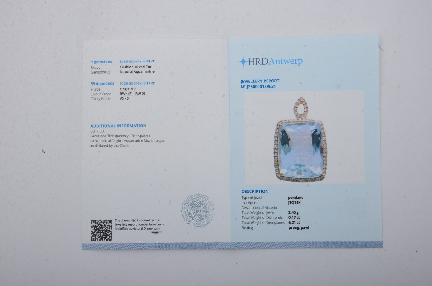 6.38 Ct Cushion Mixed Cut Natural Aquamarine 14K Gold Pendant