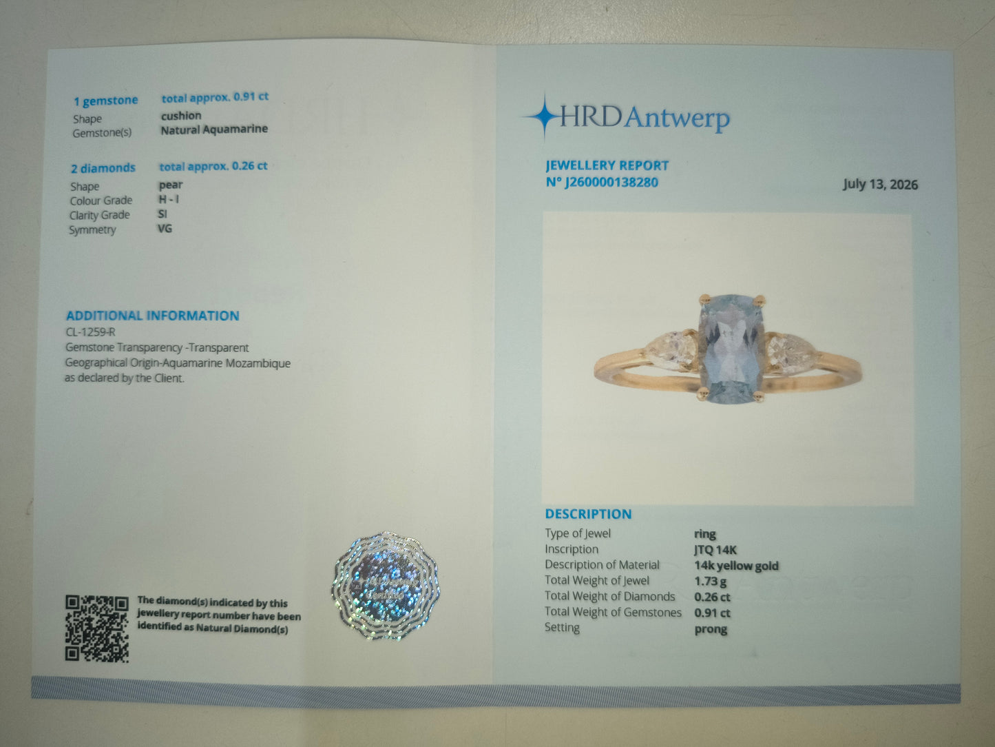1.17 Ct Cushion Natural Aquamarine 14K Gold Ring