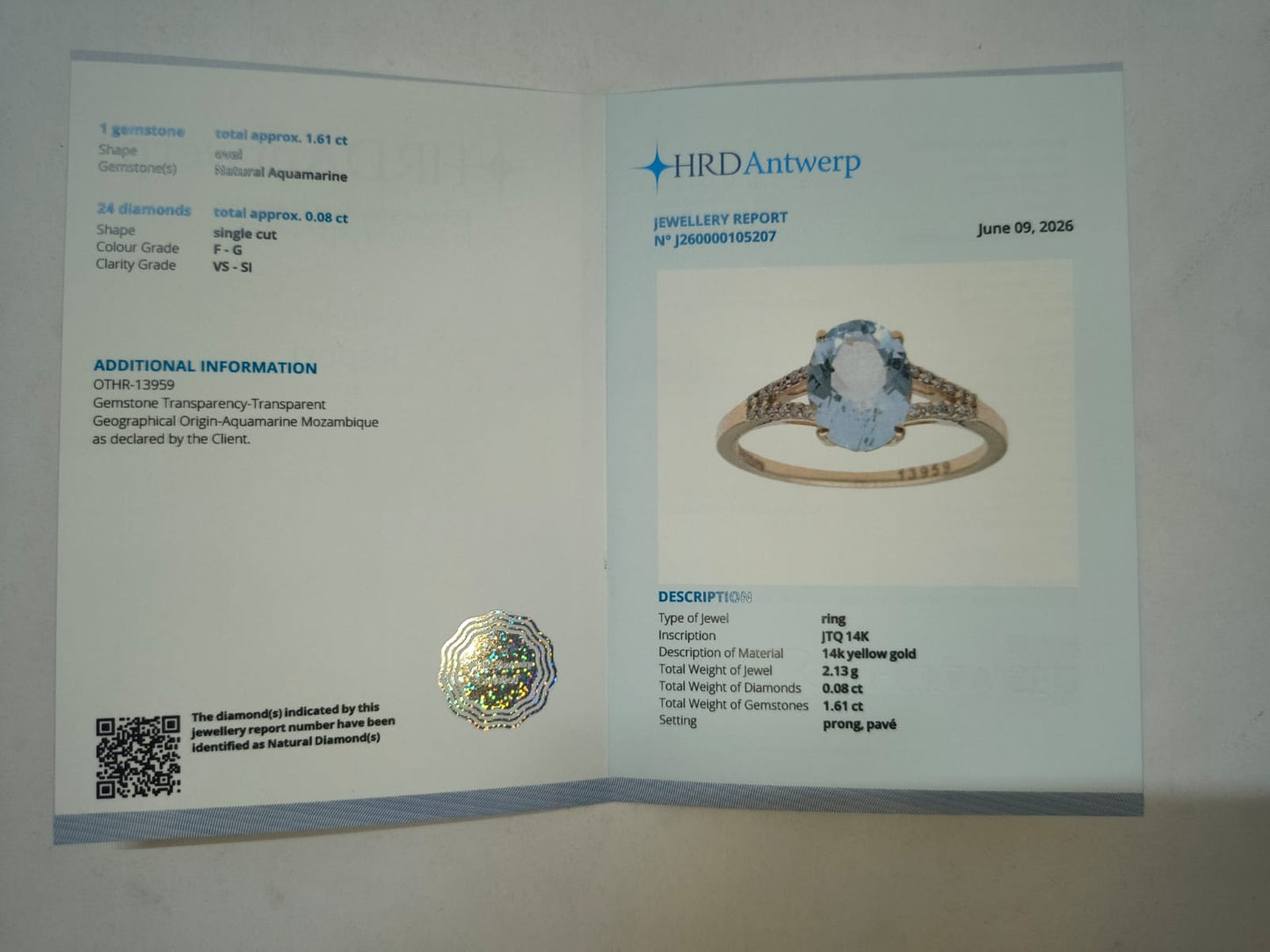 1.69 Ct Oval Mixed Cut Natural Aquamarine 14K Gold Ring