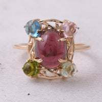 5.58 Ct Oval Cabochon Cut, Round Cabochon Cut Natural Multi-Coloured Tourmaline 14K Gold Ring