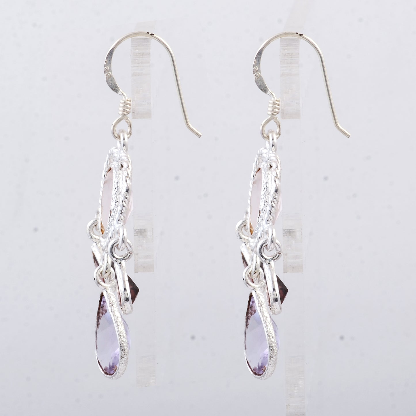 9.65 Ct Rose Quartz, Amethyst 925 Sterling Silver Earrings