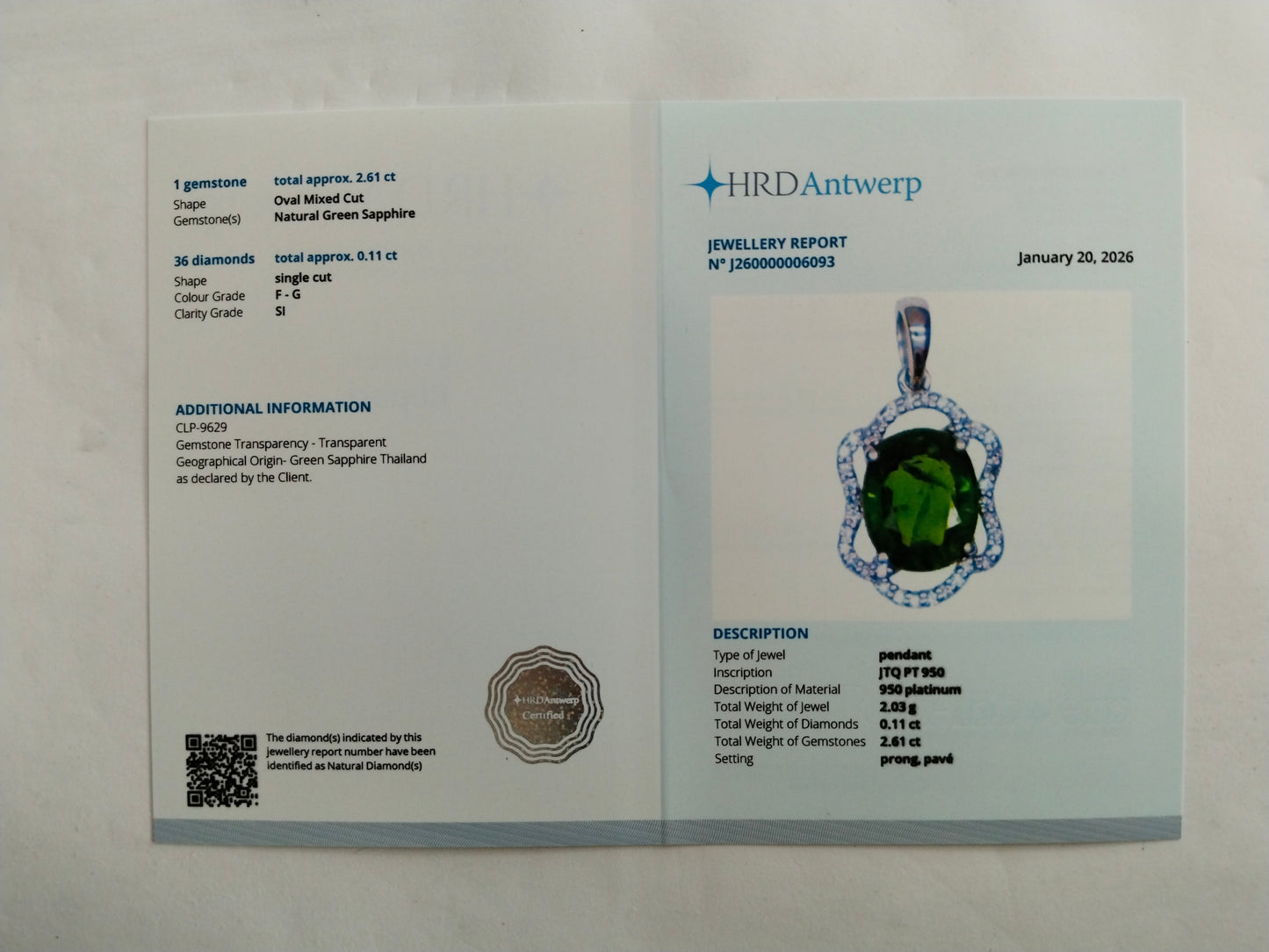 2.72 Ct Oval Mixed Cut Natural Green Sapphire 950 Platinum Pendant