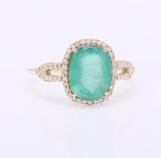 2.56 Ct Cushion Mixed Cut Natural Emerald 14K Gold Ring