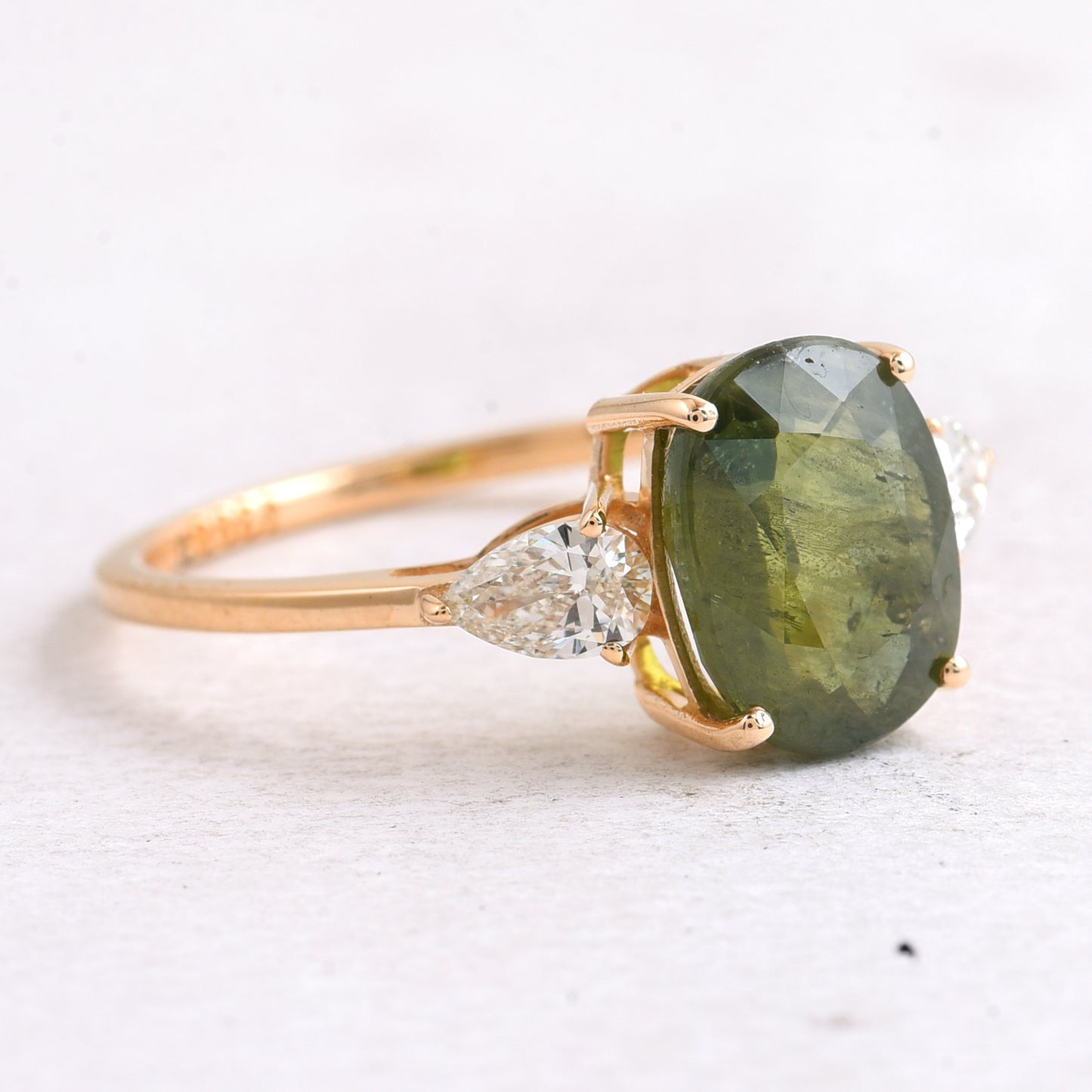3.51 Ct Oval Mixed Cut Natural Green Sapphire 14K Gold Ring