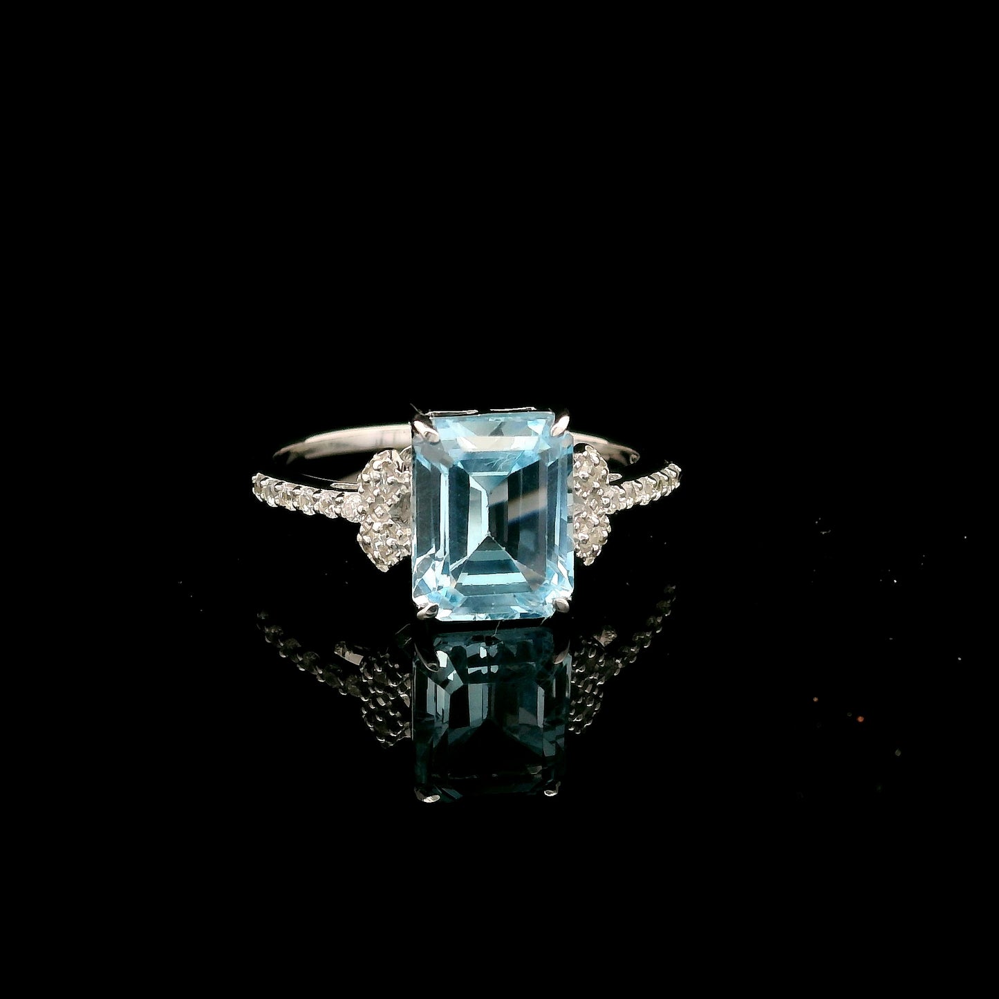 3.01 Ct Octagon Blue Topaz, White Zircon 925 Sterling Silver Ring