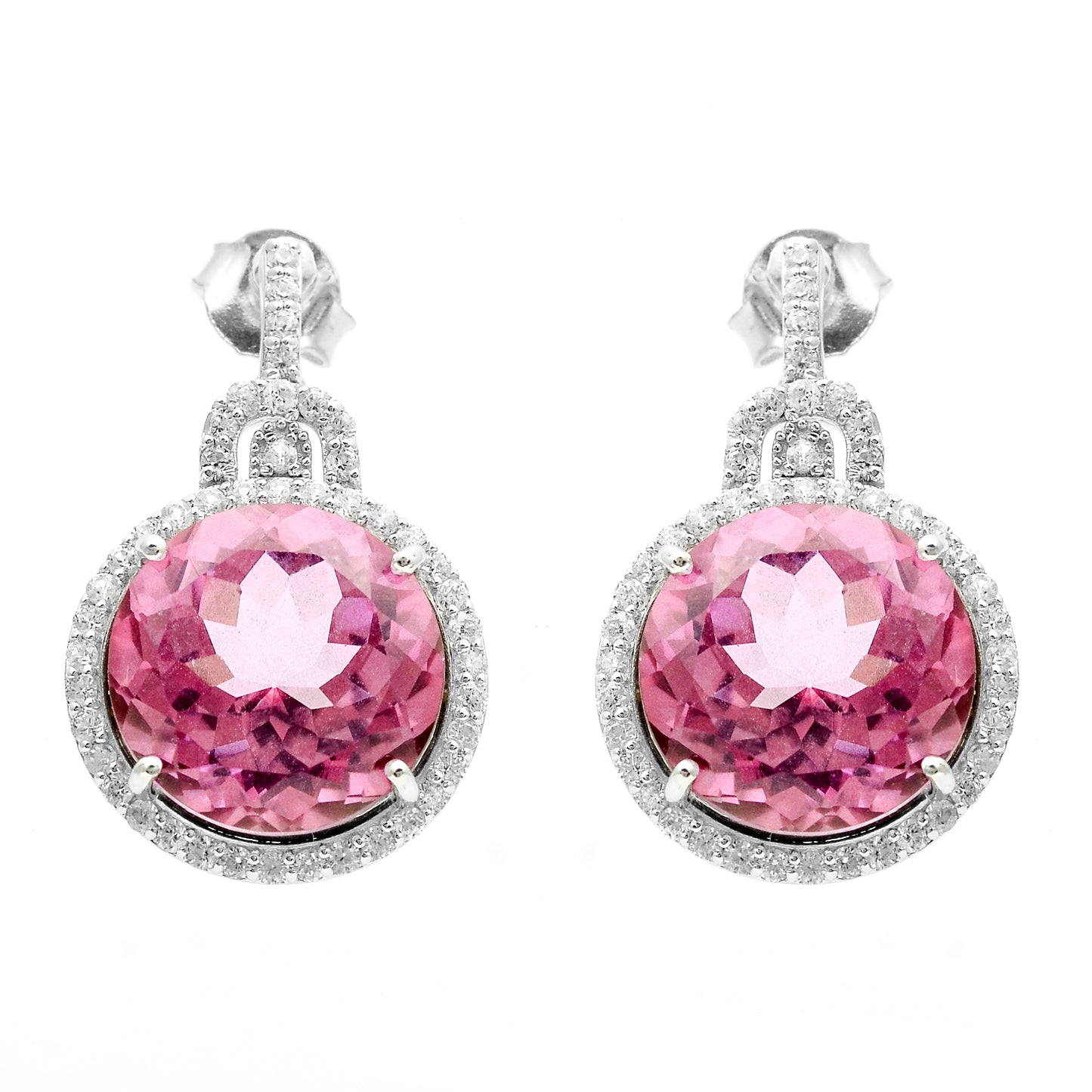17.56 Ct Round Pink Topaz, White Zircon 925 Sterling Silver Earrings
