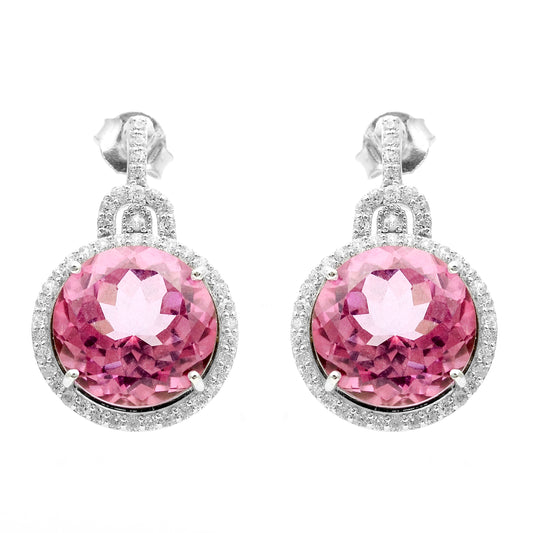 17.56 Ct Round Pink Topaz, White Zircon 925 Sterling Silver Earrings