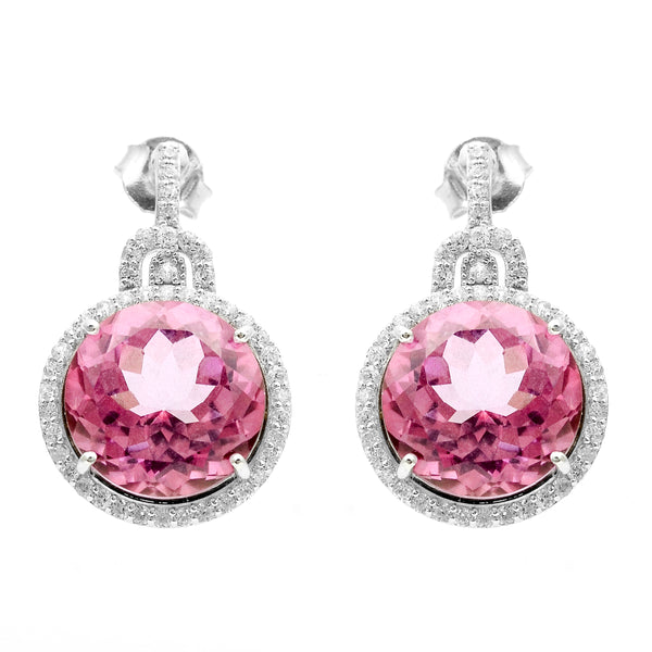 17.56 Ct Round Pink Topaz, White Zircon 925 Sterling Silver Earrings