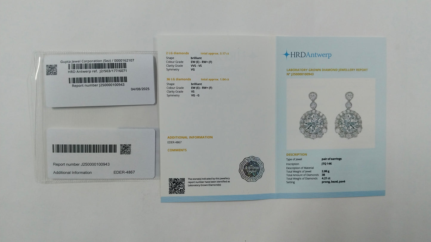 4.21 Carats Lab Grown Diamond 14K Gold Earrings