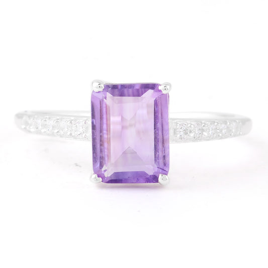 2.27 Ct Octagon Amethyst, Cubic Zirconia 925 Sterling Silver Ring