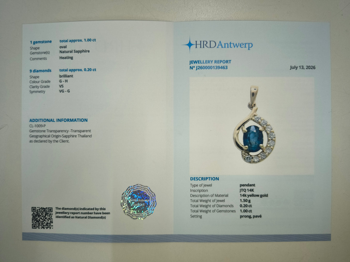 1.20 Ct Oval Natural Sapphire 14K Gold Pendant