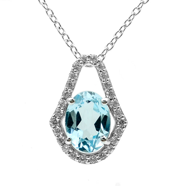 1.61 Ct Oval Blue Topaz, White Zircon 925 Sterling Silver Pendant