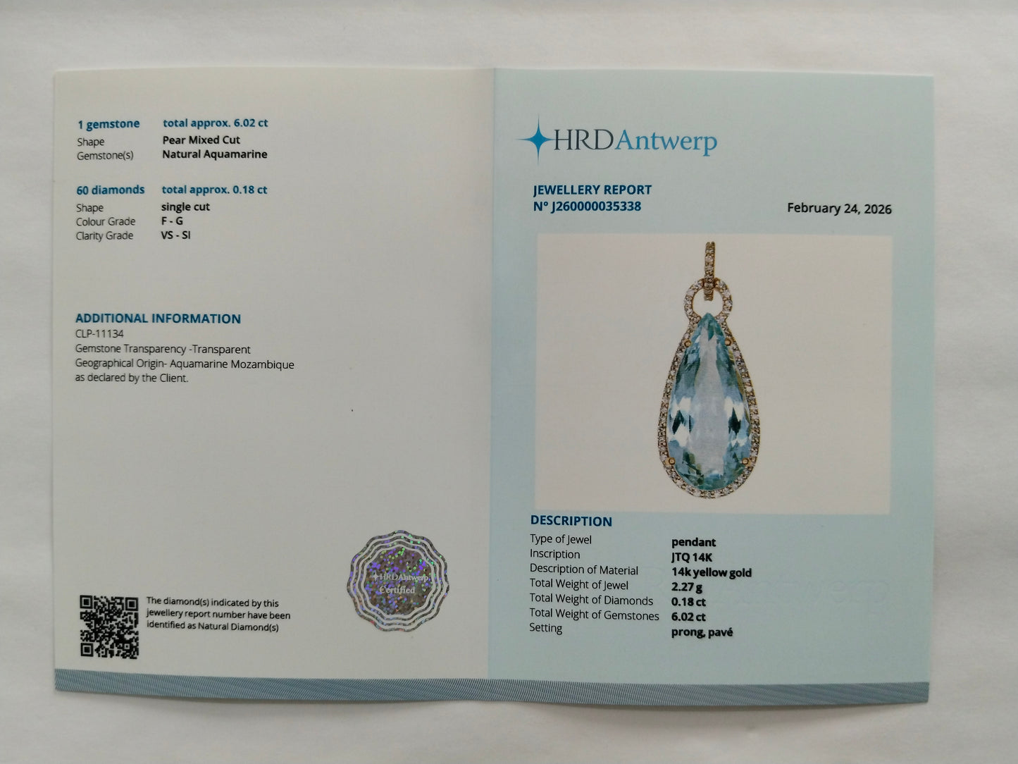 6.20 Ct Pear Mixed Cut Natural Aquamarine 14K Gold Pendant