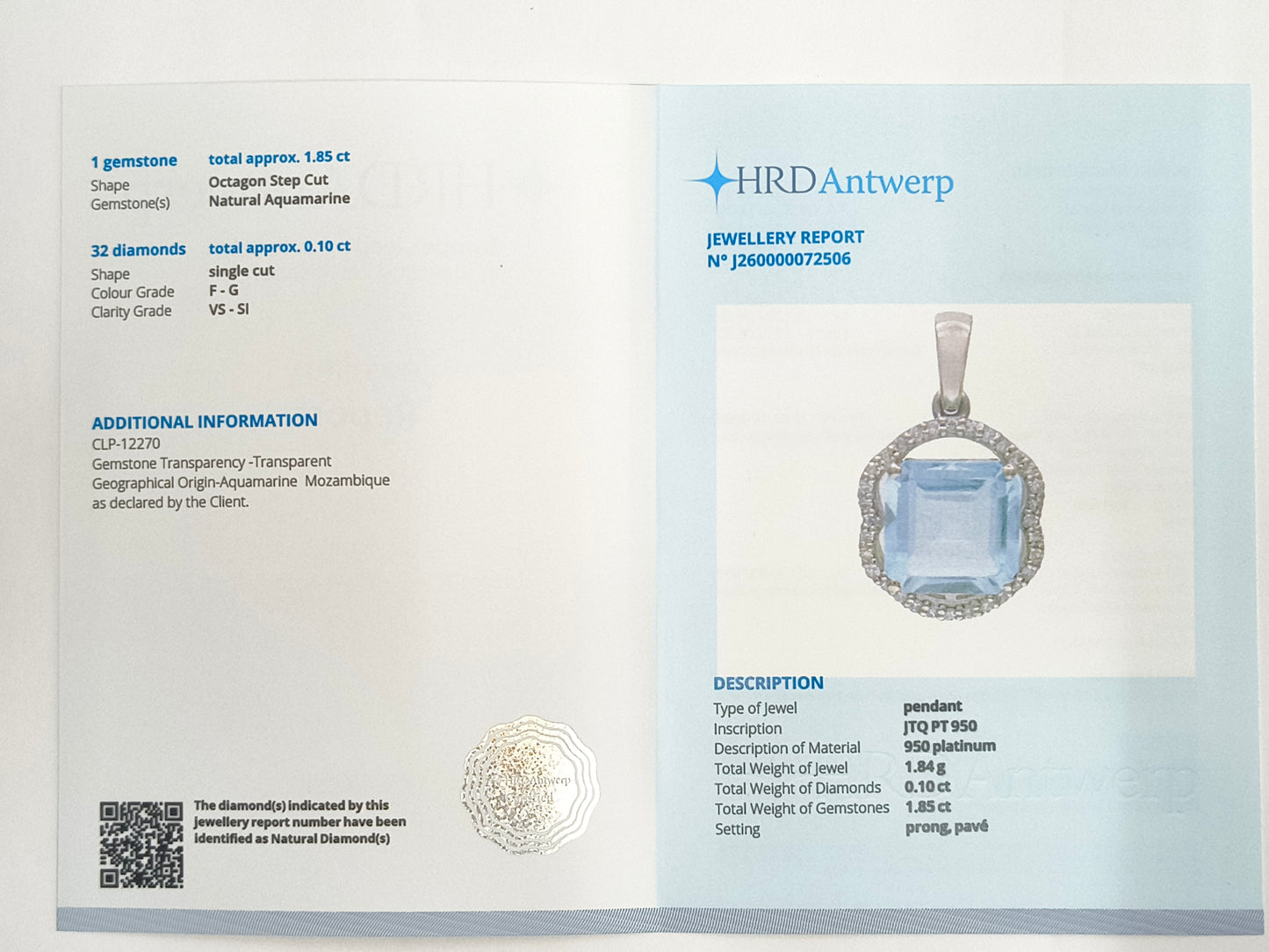 1.95 Ct Octagon Step Cut Natural Aquamarine 950 Platinum Pendant