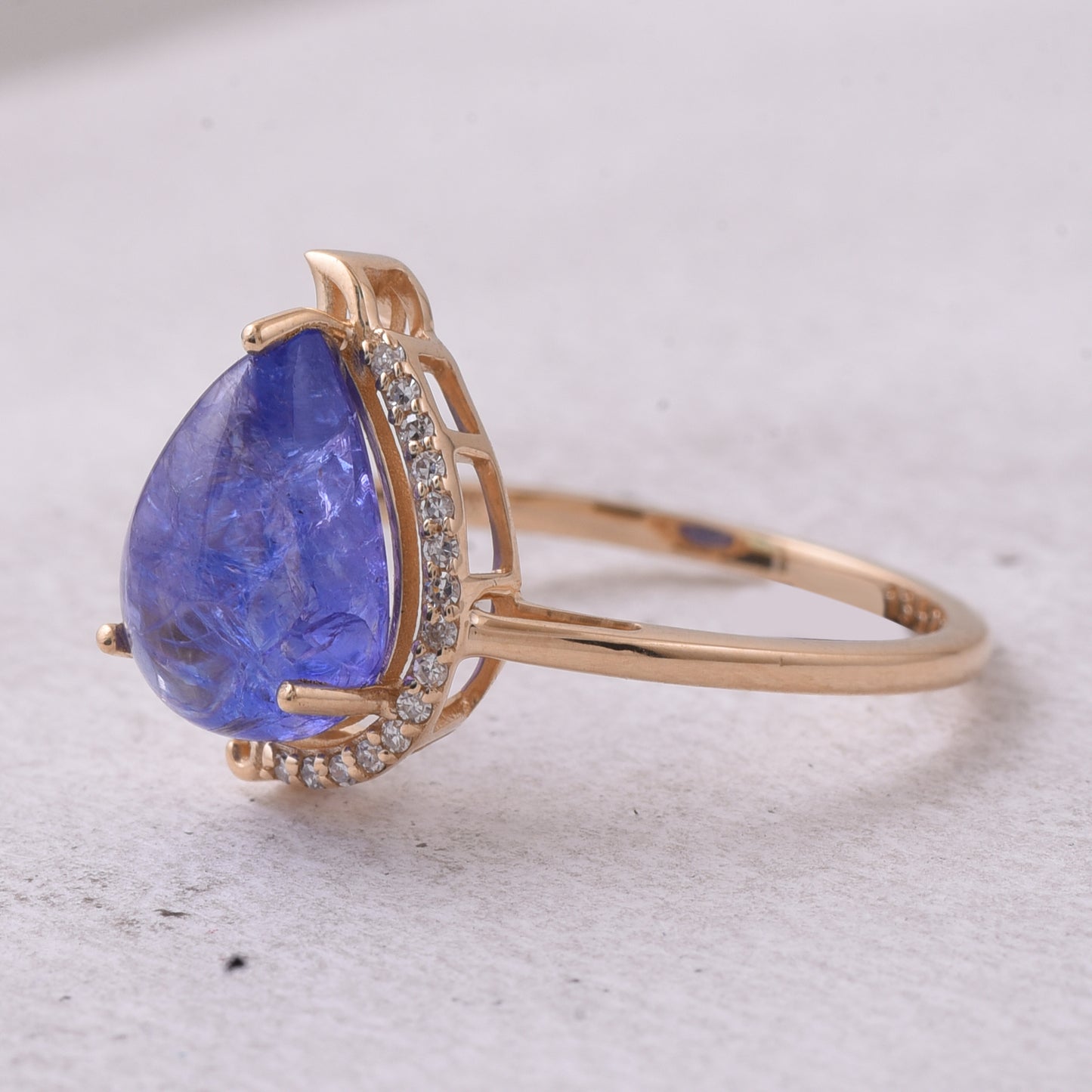 3.36 Ct Pear Cabochon Natural Tanzanite 14K Gold Ring
