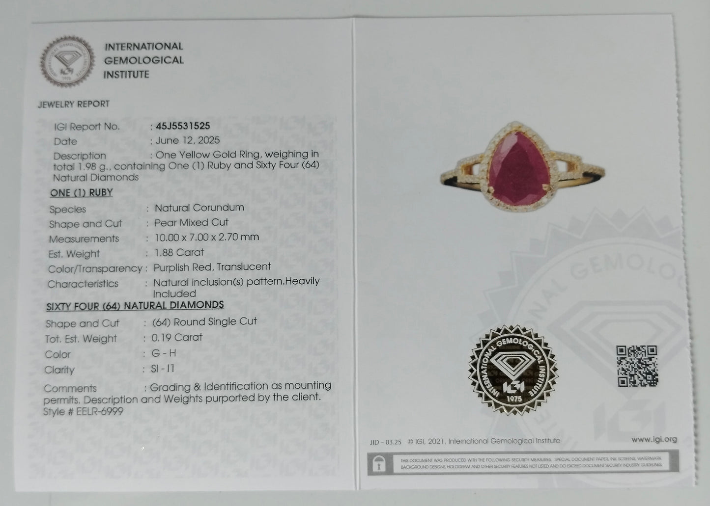 2.07 Ct Pear Mixed Cut Natural Corundum Ruby 14K Gold Ring