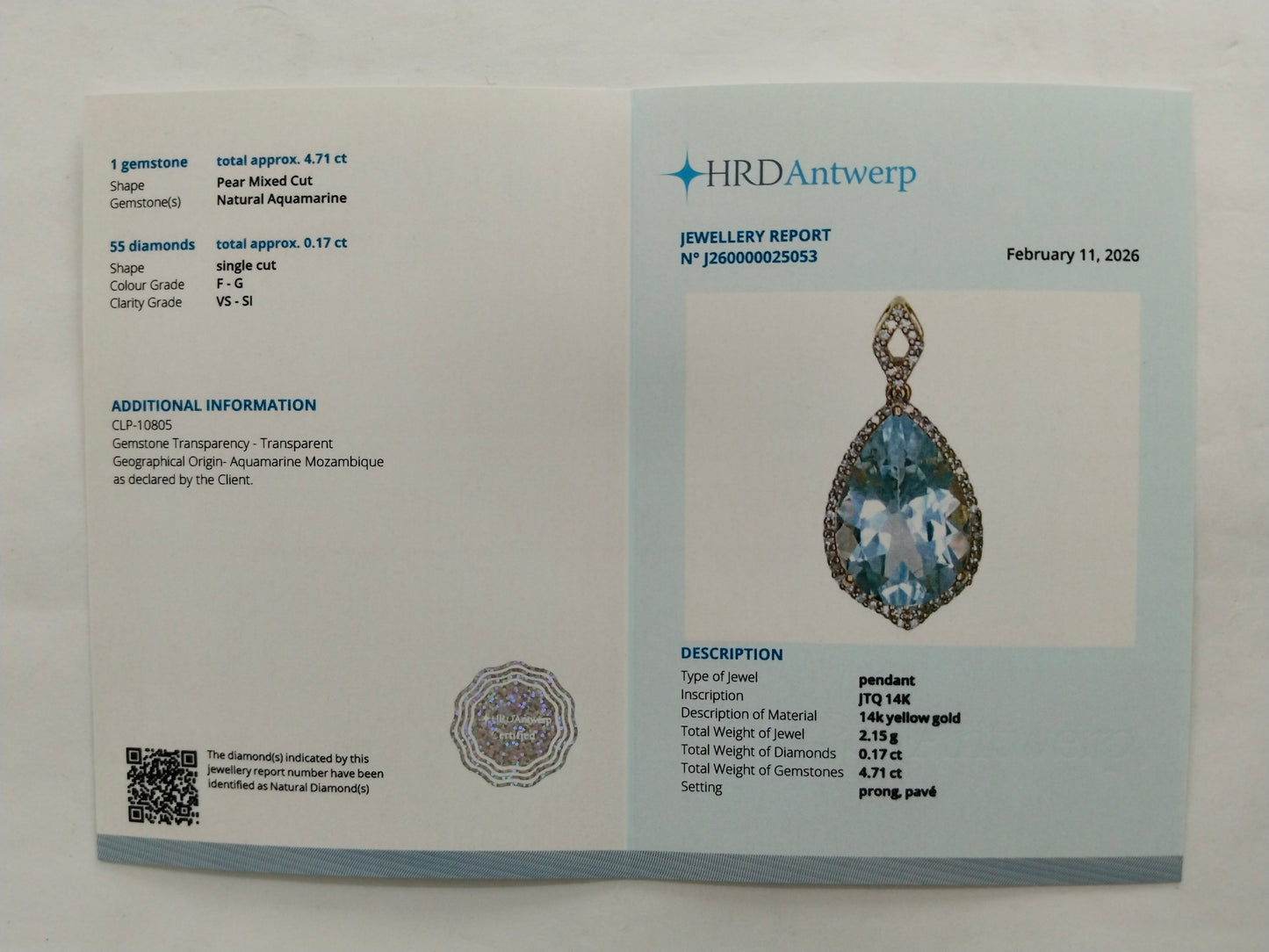 4.88 Ct Pear Mixed Cut Natural Aquamarine 14K Gold Pendant
