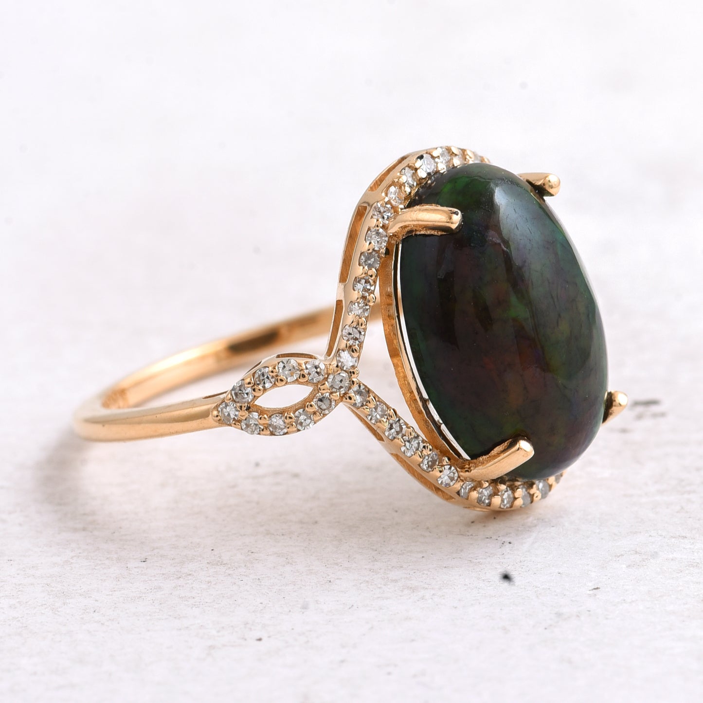 3.32 Ct Oval Cabochon Cut Natural Black Opal 14K Gold Ring
