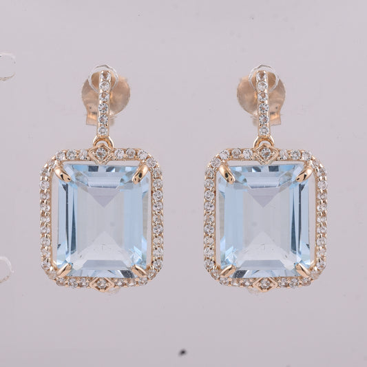 8.02 Ct Octagon Blue Topaz 9K Gold Earrings