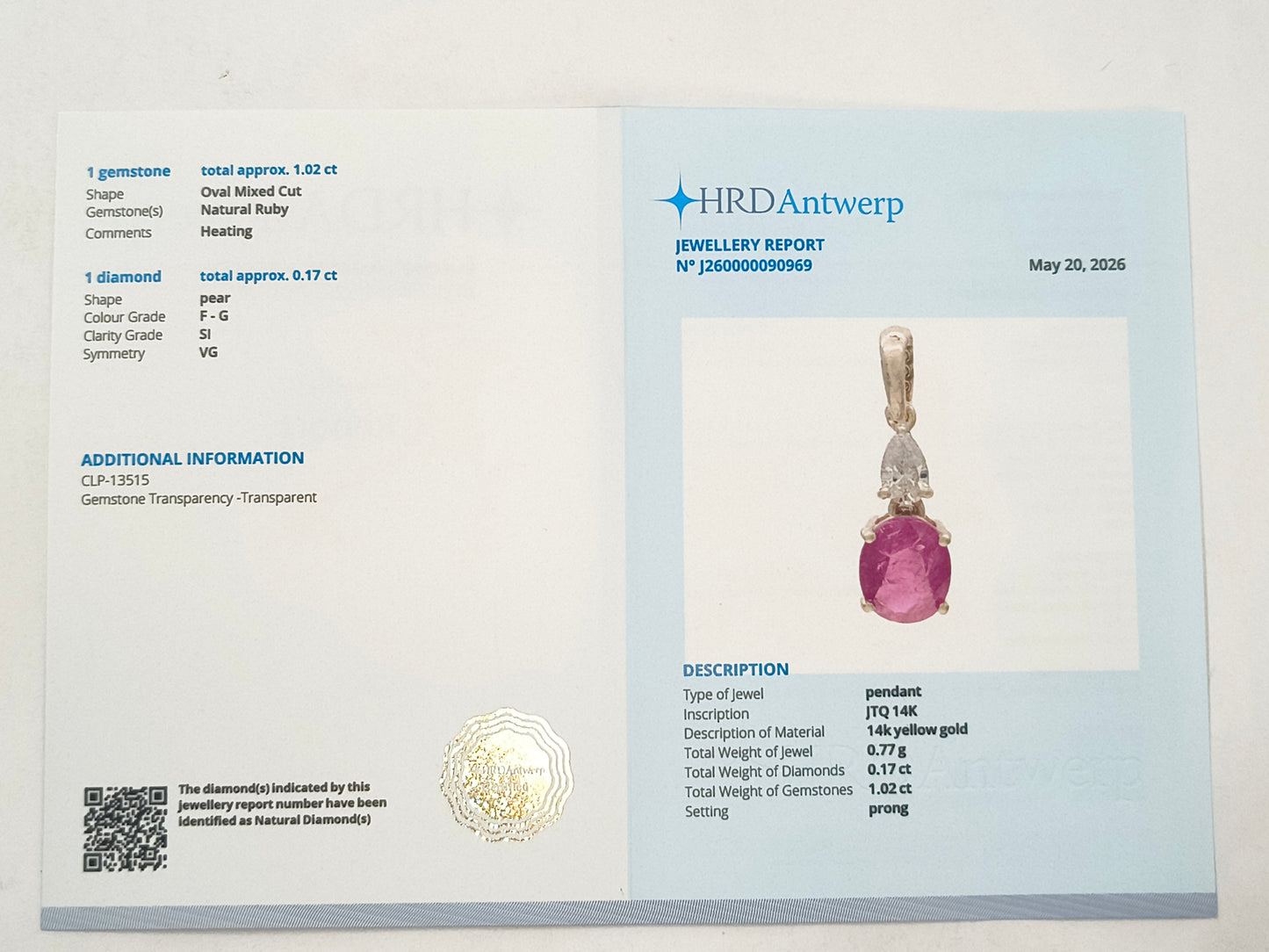 1.19 Ct Oval Ruby 14K Gold Pendant