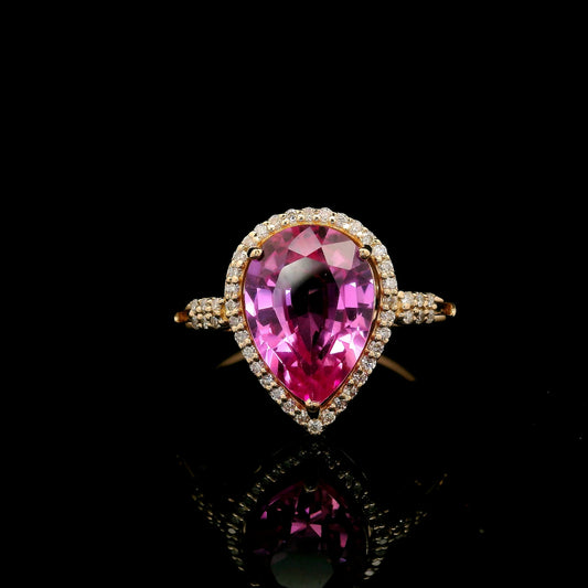 3.55 Ct Pear Mixed Cut Lab Grown Pink Sapphire 14K Gold Ring