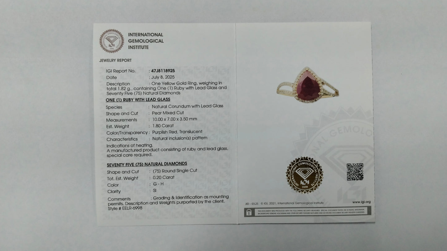 2.00 Ct Pear Mixed Cut Natural Corundum Ruby 14K Gold Ring
